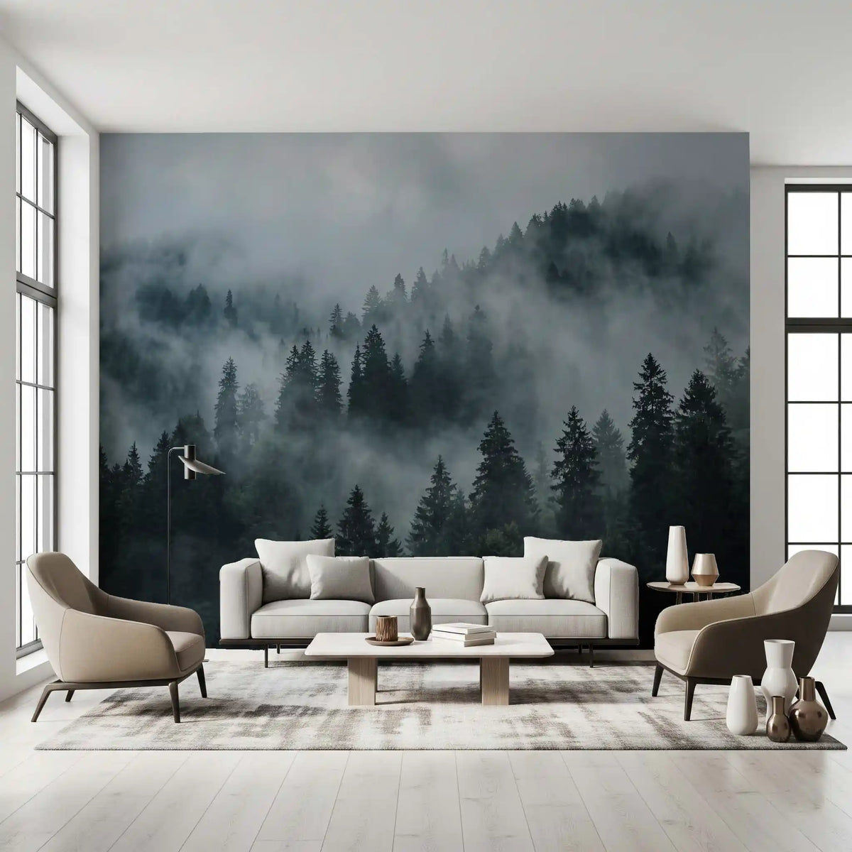 Misty Forest Ascent wall mural in a modern living room with foggy pine depth