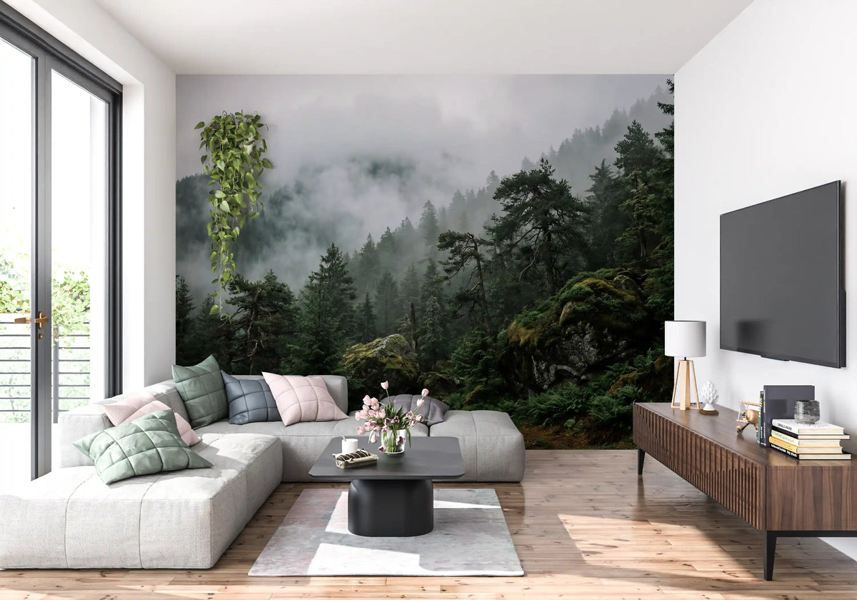 Misty Forest wall mural featured in a modern living room with moody woodland depth