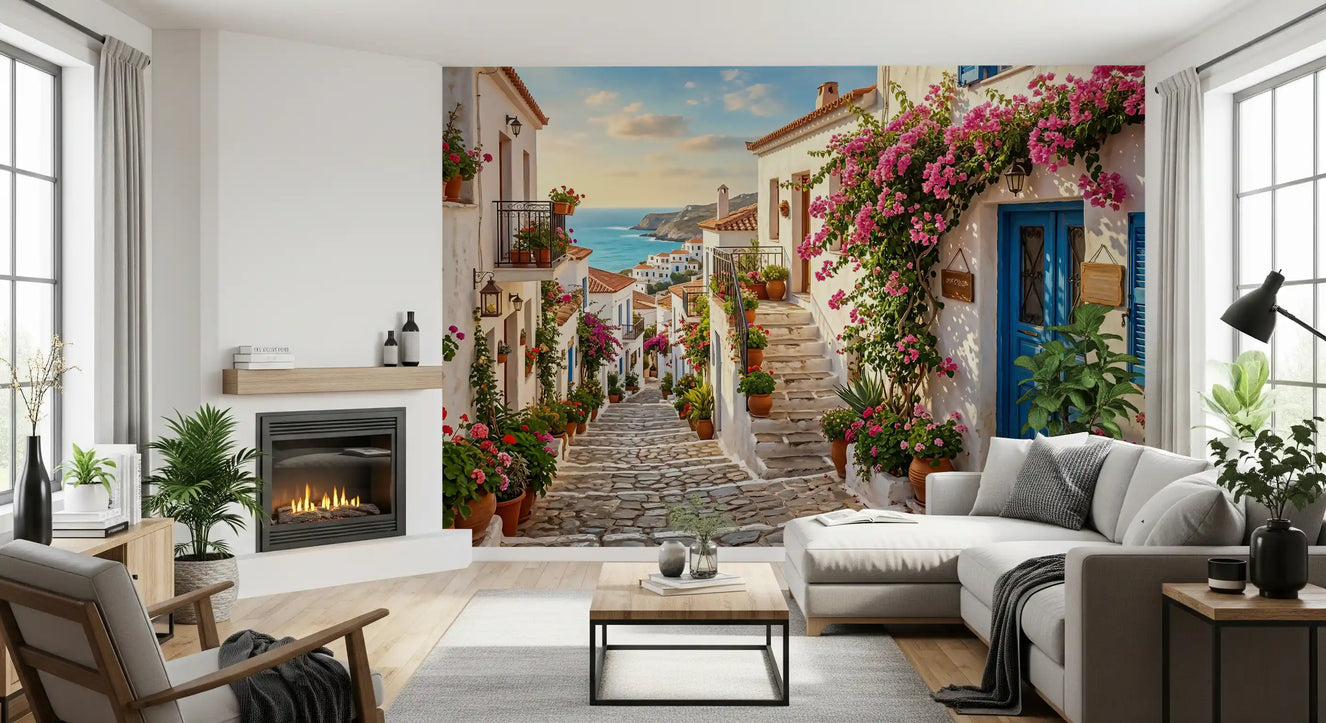 Bougainvillea Steps to the Aegean wall mural in a bright living room