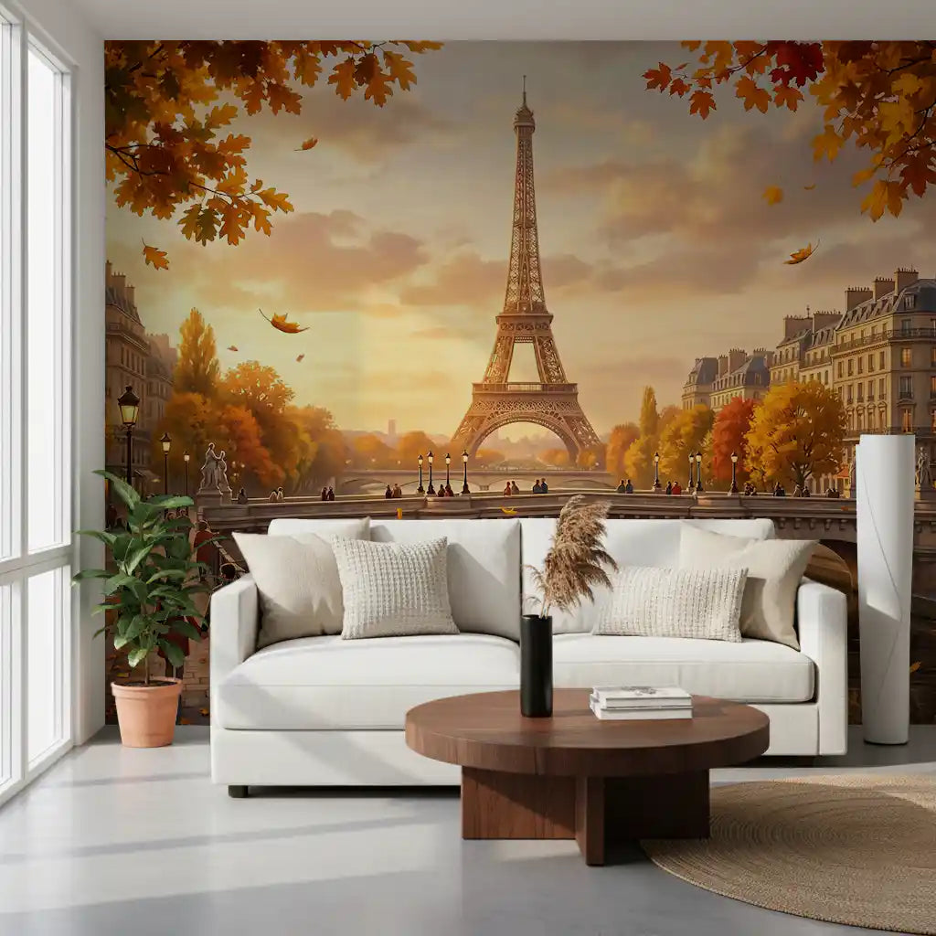 Paris autumn wall mural in a stylish living room setting