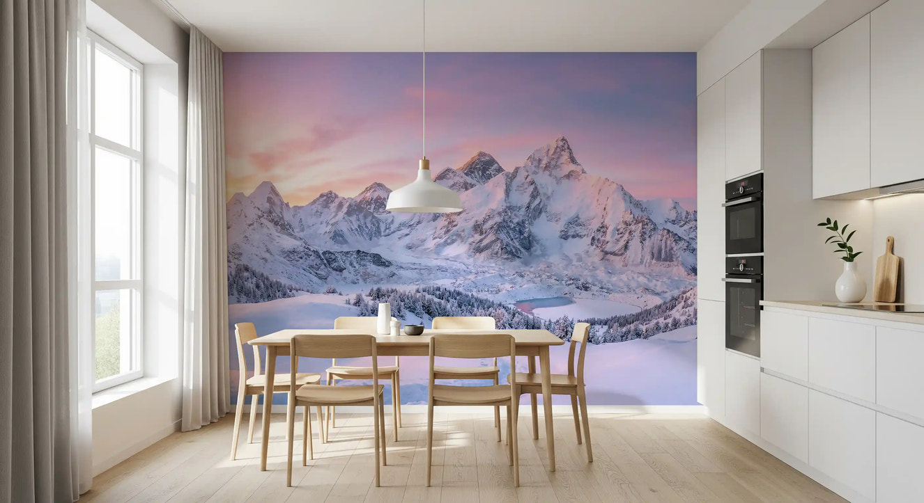 Snow mountain panorama mural styled in a dining 