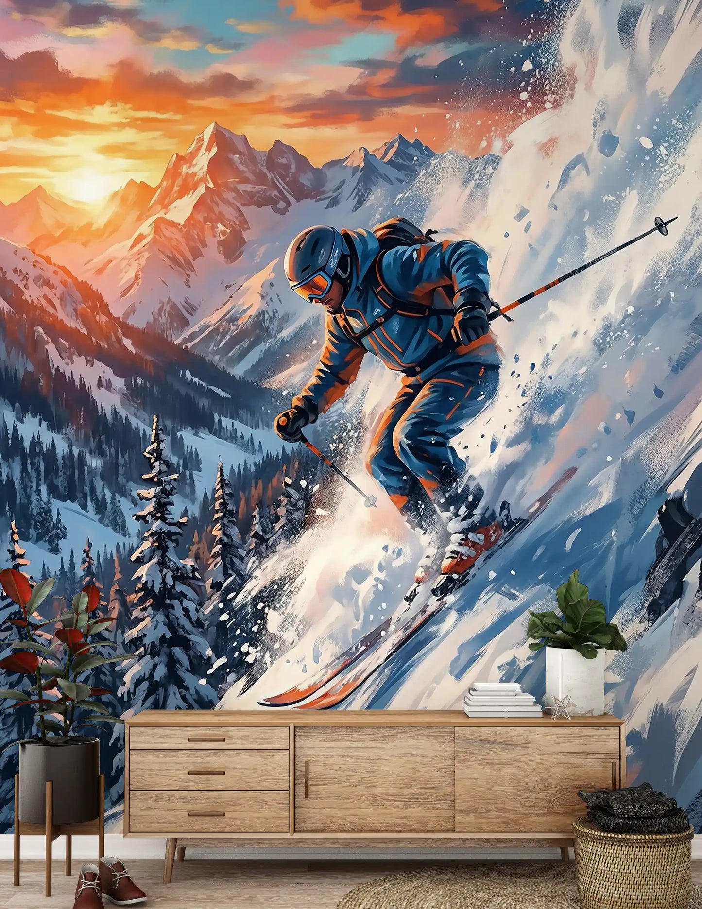 Adrénaline alpine : Fresque murale Descente au coucher du soleil