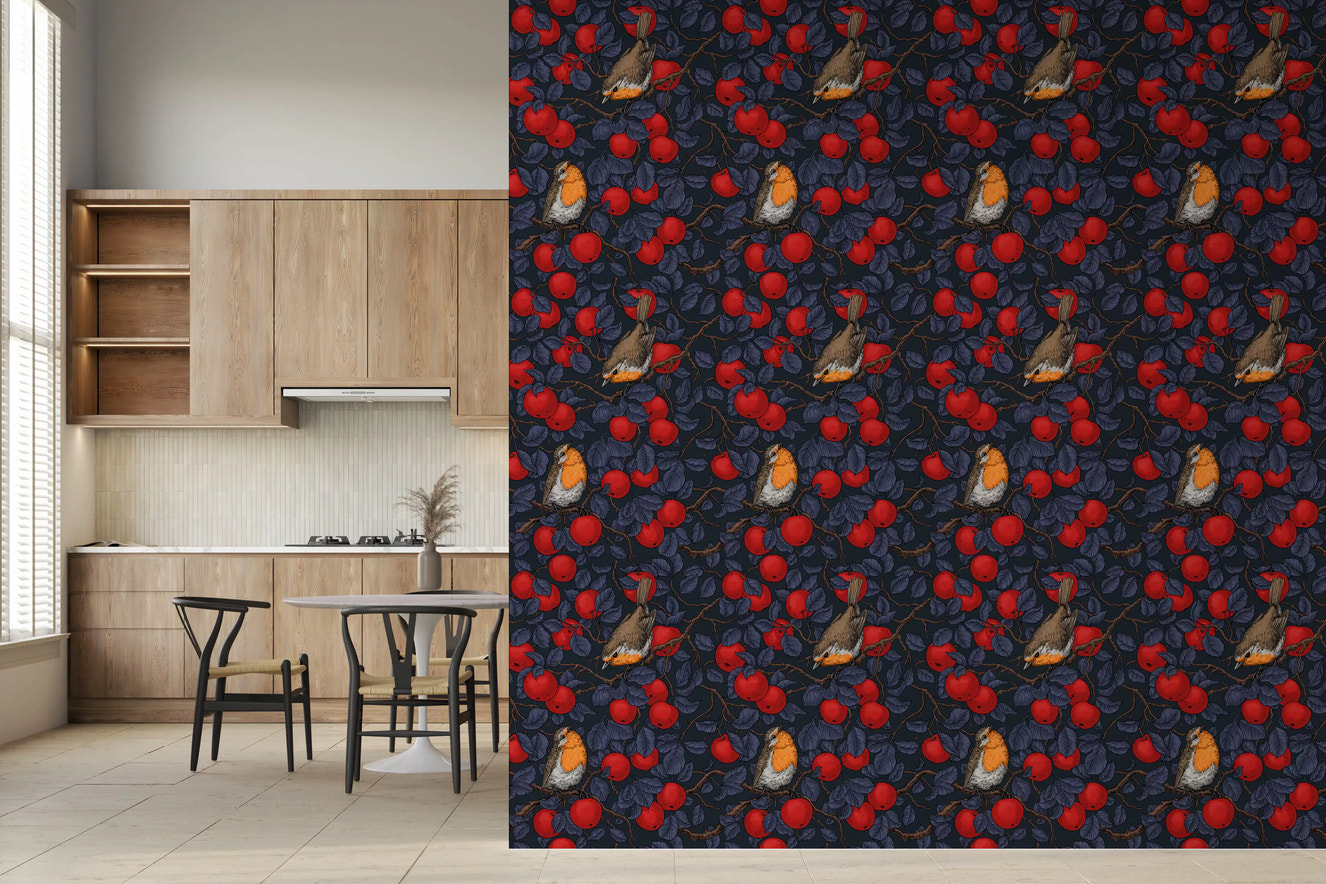 Rødhalse i æbletræet/blåt og rødt tapet