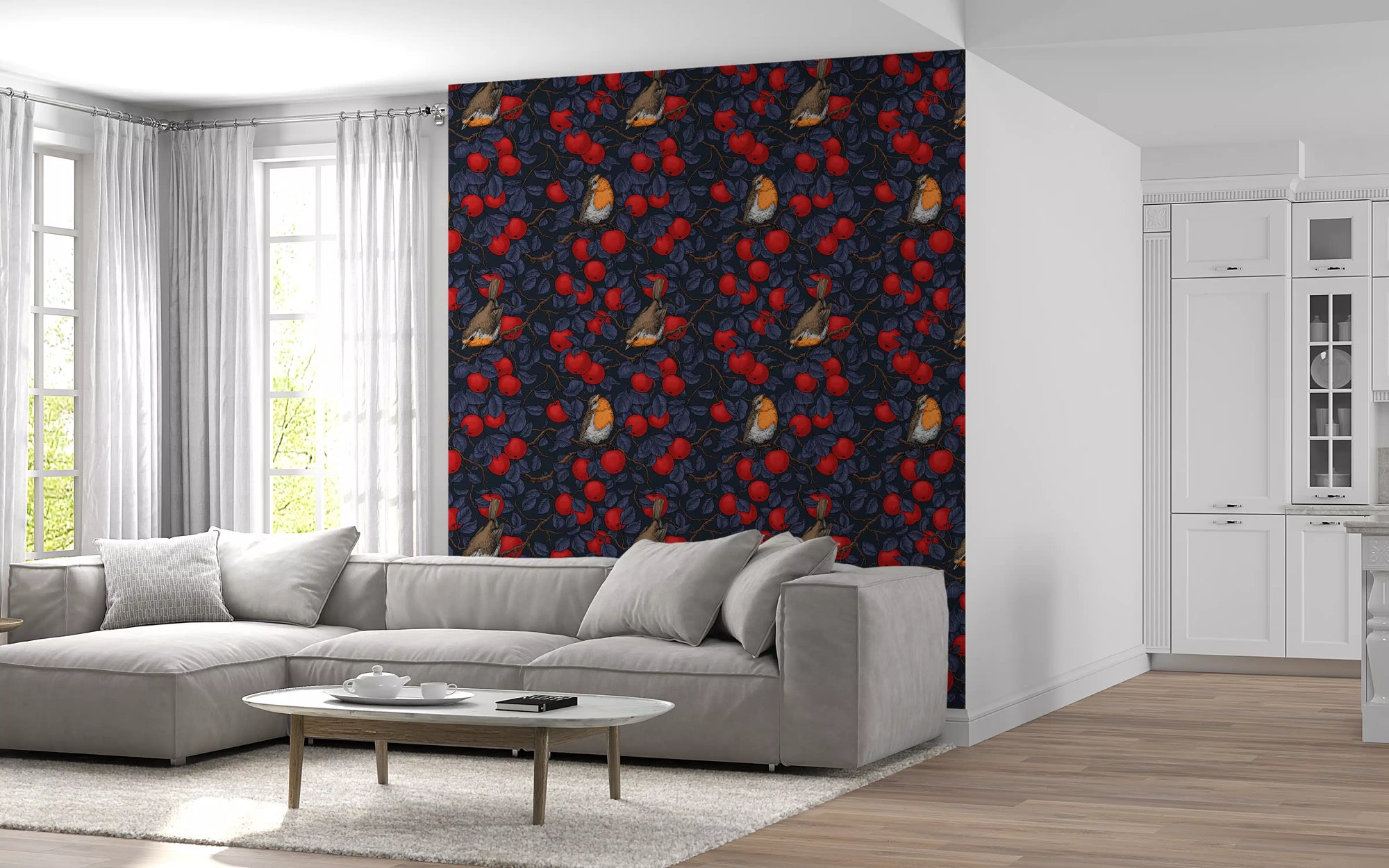 Blue and red robin wallpaper featured in a classic living room