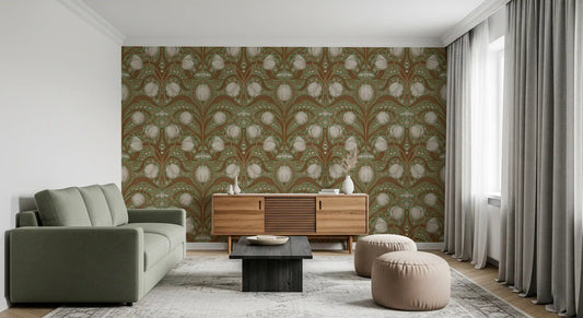 Sage and brown tulip wallpaper featured in a classic living room