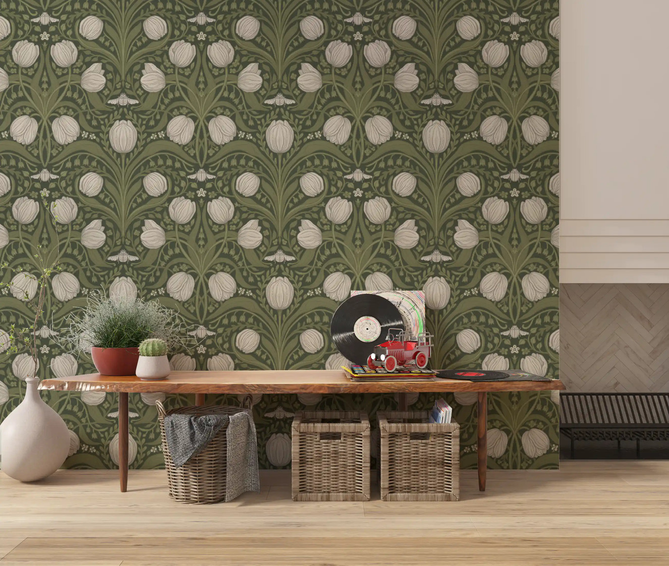 Papier peint Tulipes rétro nouveau orange et turquoise