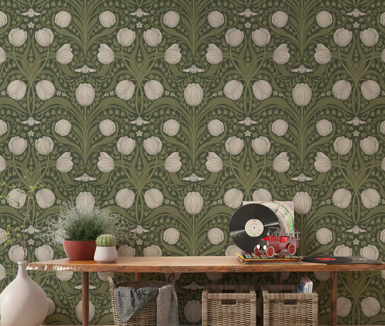 Retro nouveau tulip wallpaper styled in a cozy living room setting