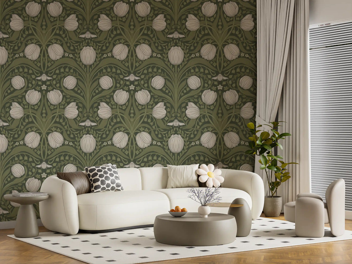 Papier peint Tulipes rétro nouveau orange et turquoise