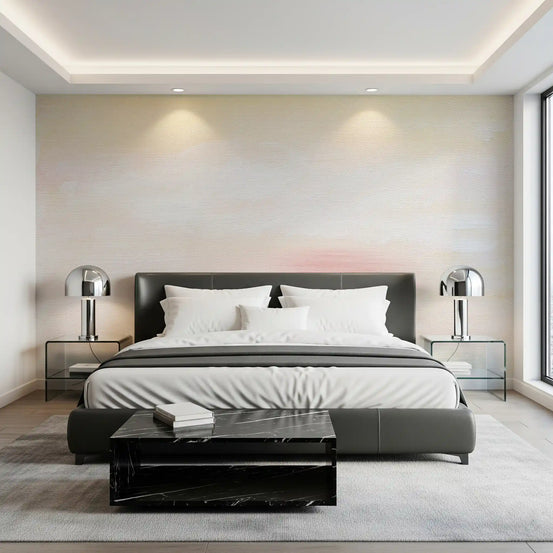 Soft Blush wall mural behind a calm bedroom bed with warm neutral layers