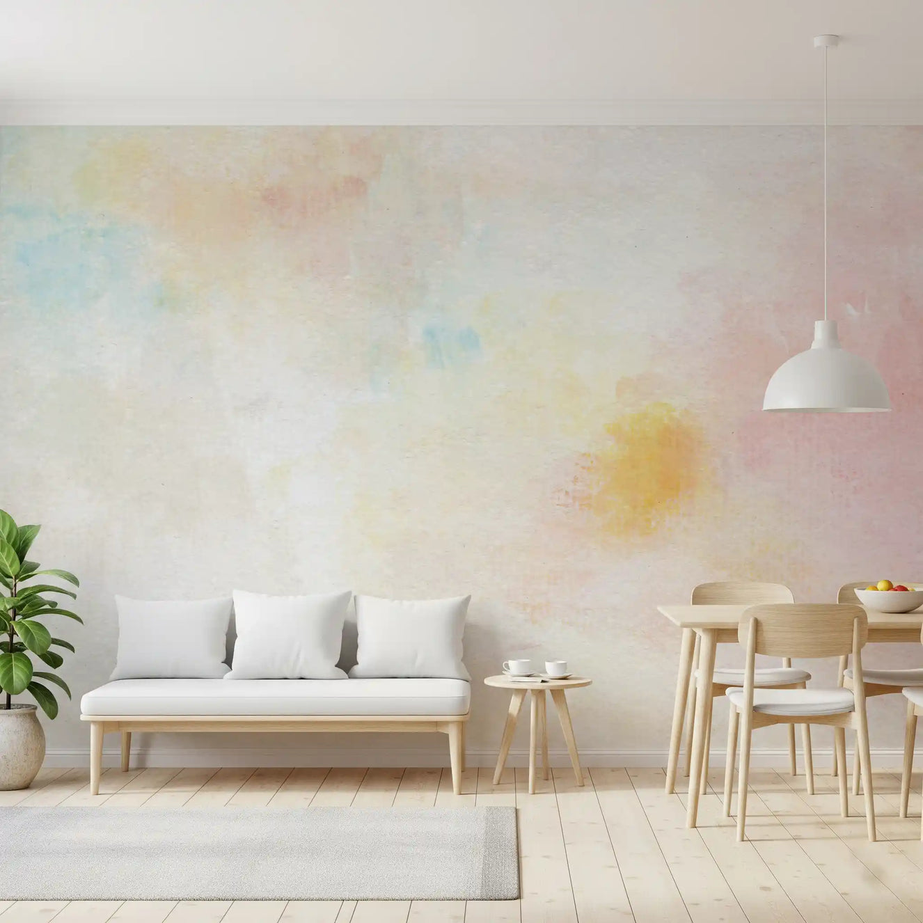 Gentle Pastel wall mural in a calm dining room with soft neutral layers
