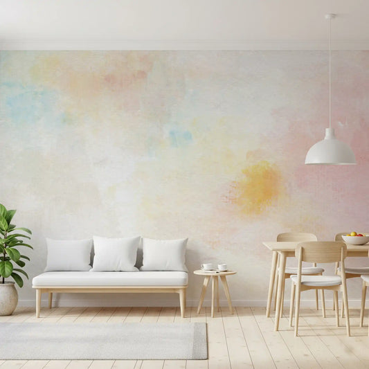 Gentle Pastel wall mural in a calm dining room with soft neutral layers