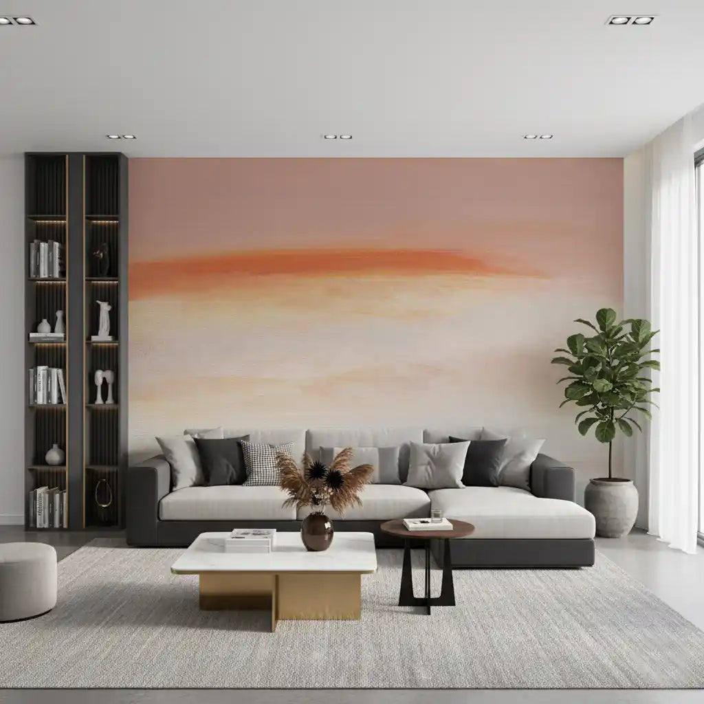Morning Blush wall mural in a soft Living room with warm neutral layers