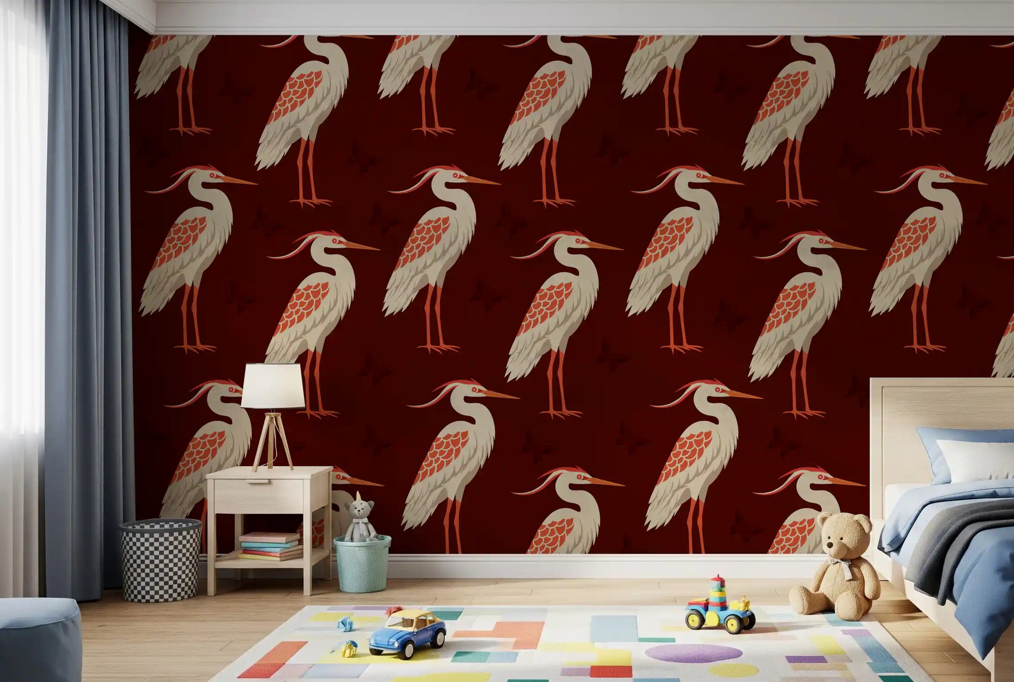 Heron & Butterflies wall mural bringing depth to a refined bedroom