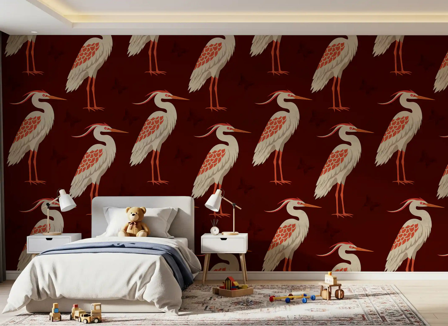 Burgundy Heron & Butterflies Wall Mural