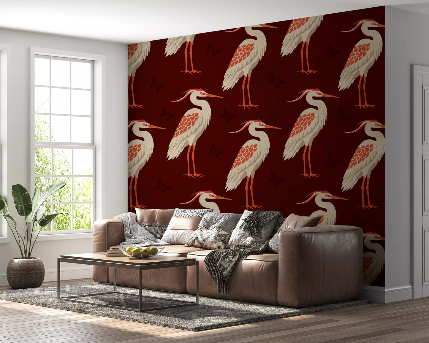 Burgundy Heron & Butterflies Wall Mural