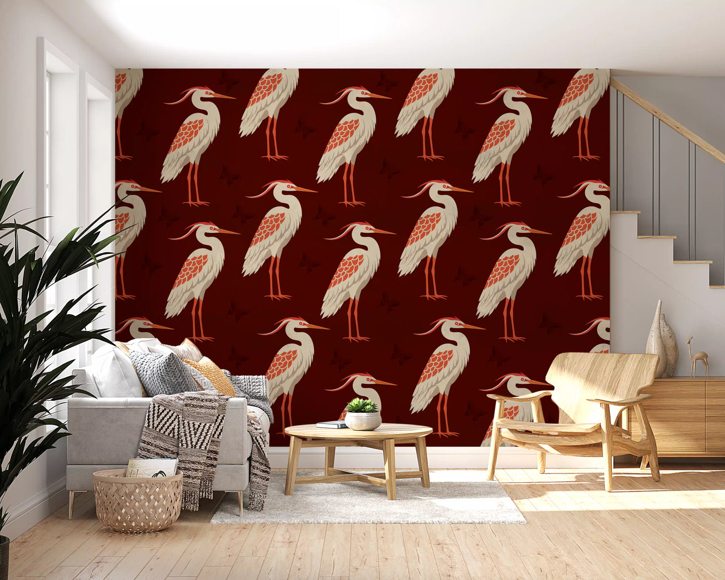 Burgundy Heron & Butterflies Wall Mural