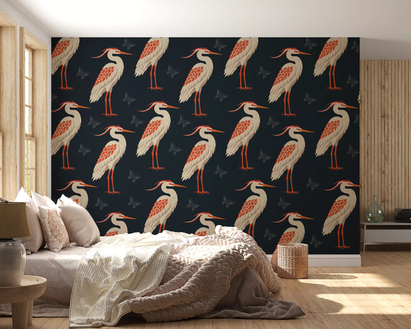 Navy Heron & Butterflies Wall Mural