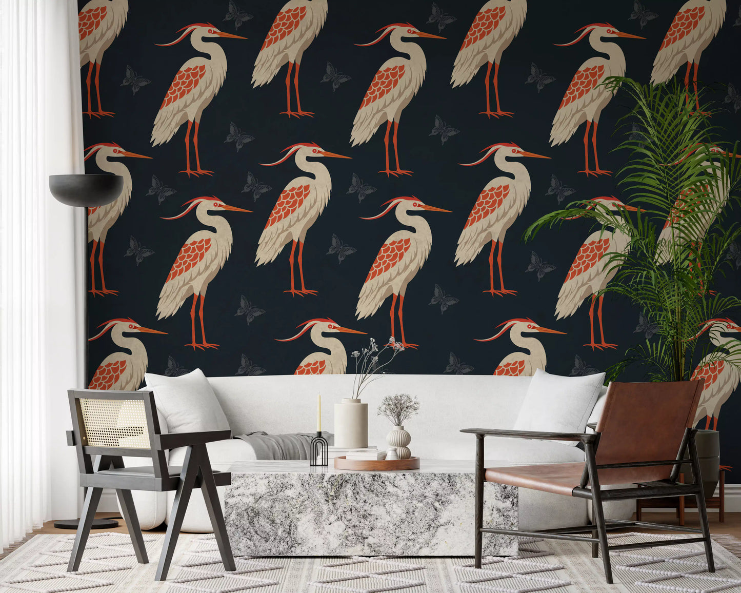 Navy Heron & Butterflies Wall Mural