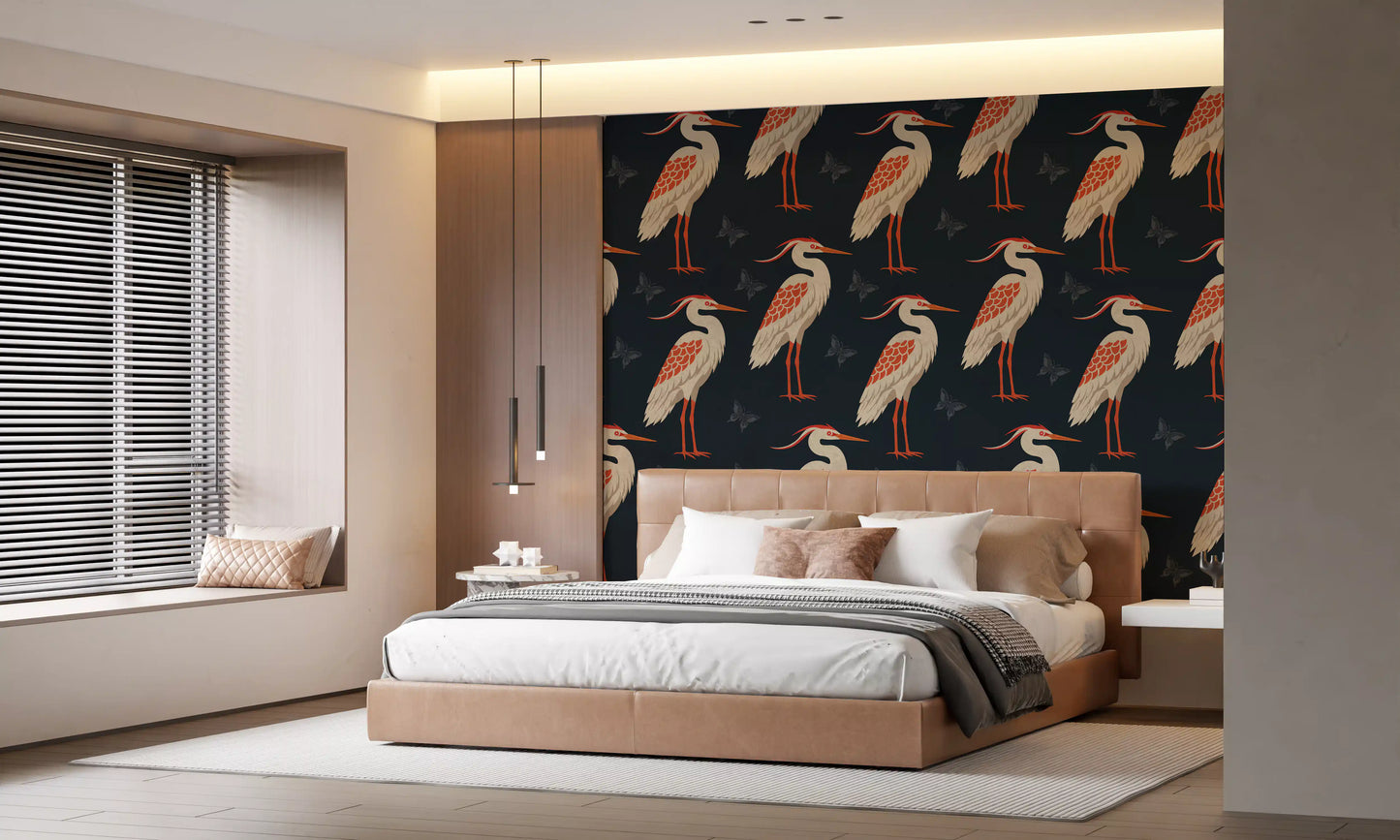 Navy Heron & Butterflies Wall Mural