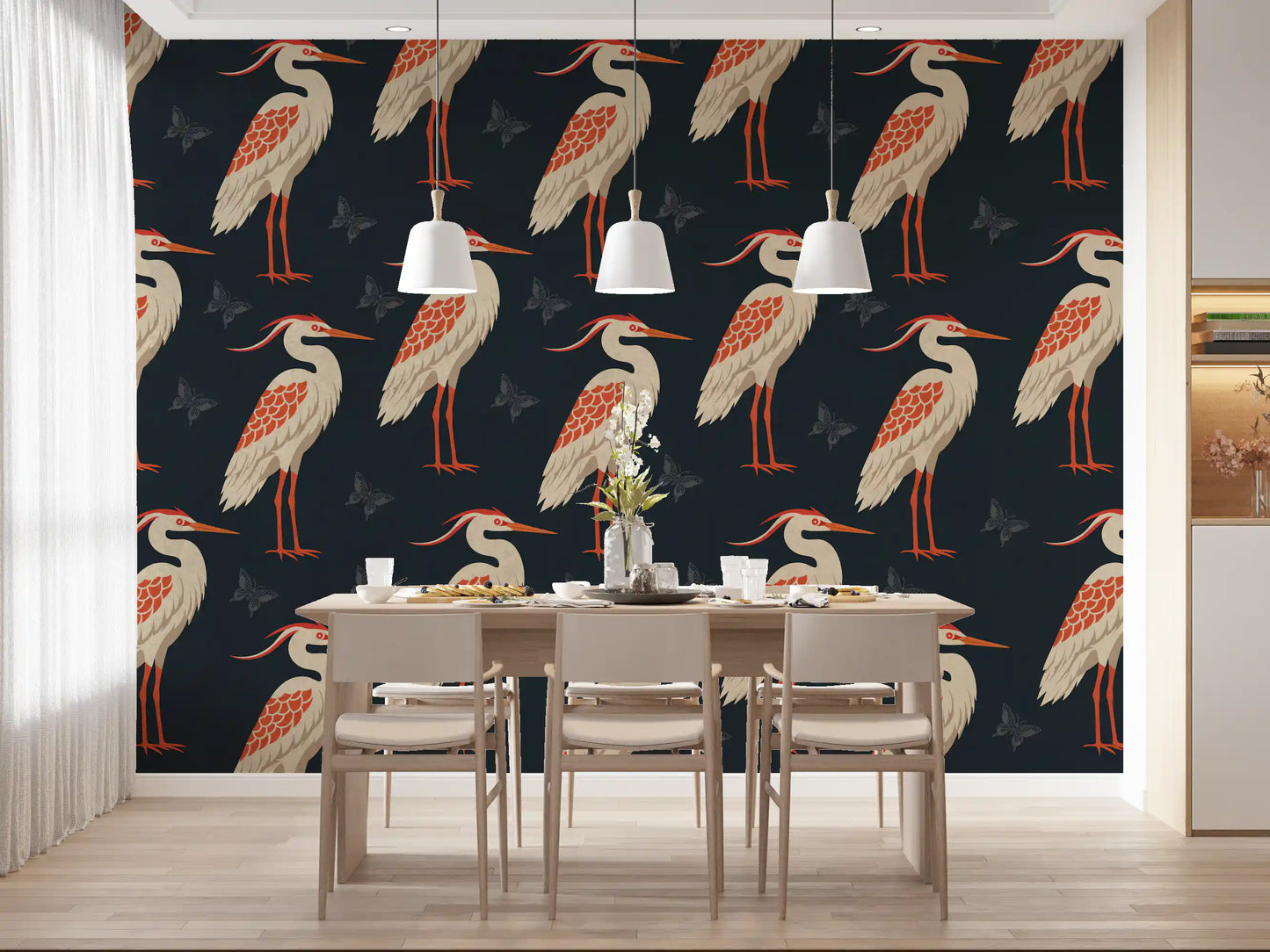 Navy Heron & Butterflies Wall Mural