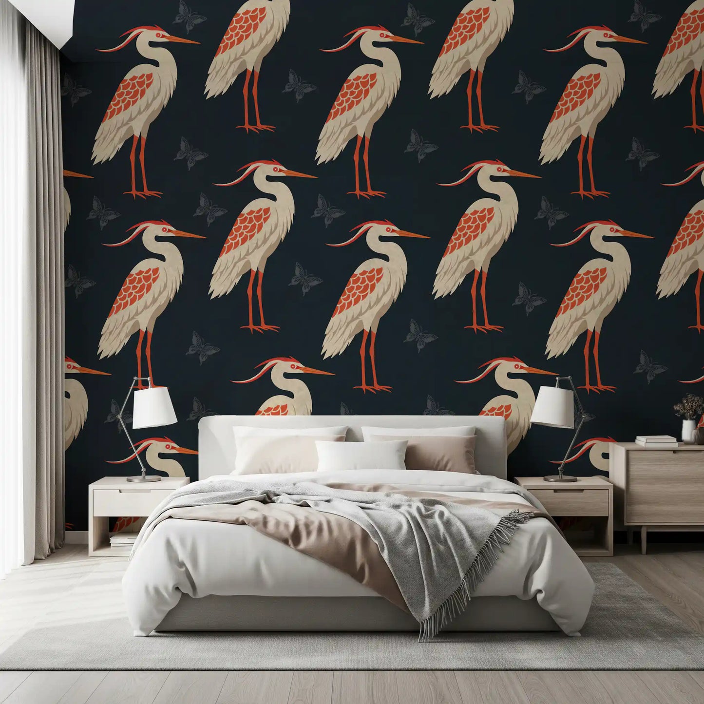 Navy Heron & Butterflies Wall Mural