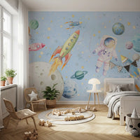 Watercolor Space Adventure wall mural in a playful kids bedroom