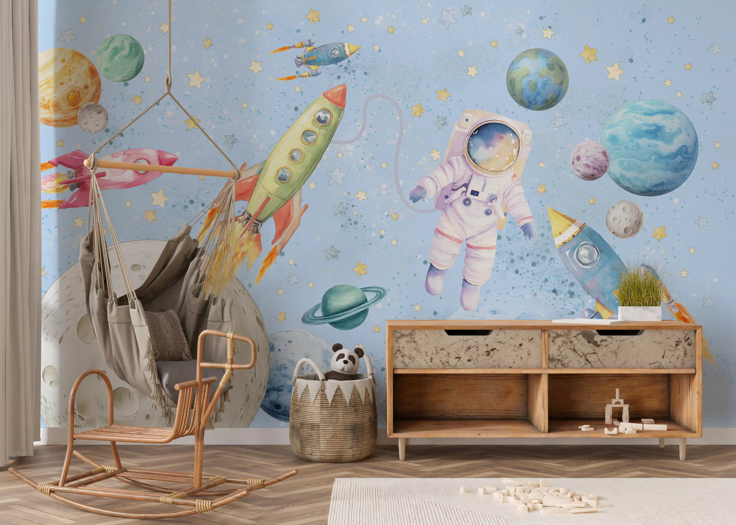 Light Blue Space wall mural in a fun kids play area