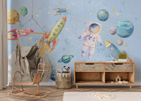 Light Blue Space wall mural in a fun kids play area