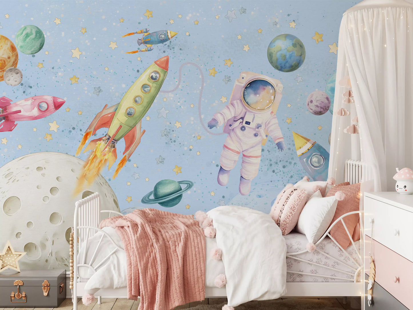 Watercolor Space Adventure wall mural in a Nursery badroom