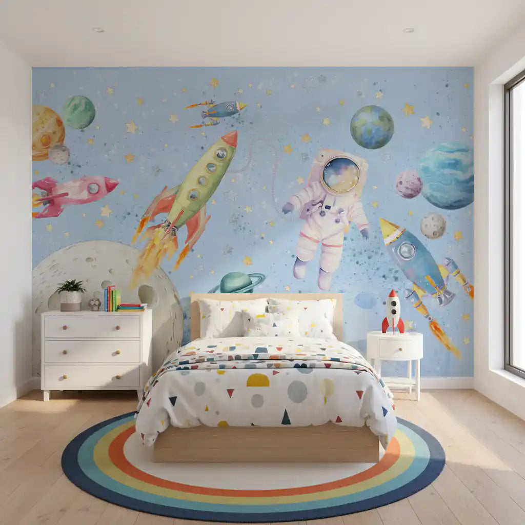 Watercolor Light Blue wall mural above a kids bed