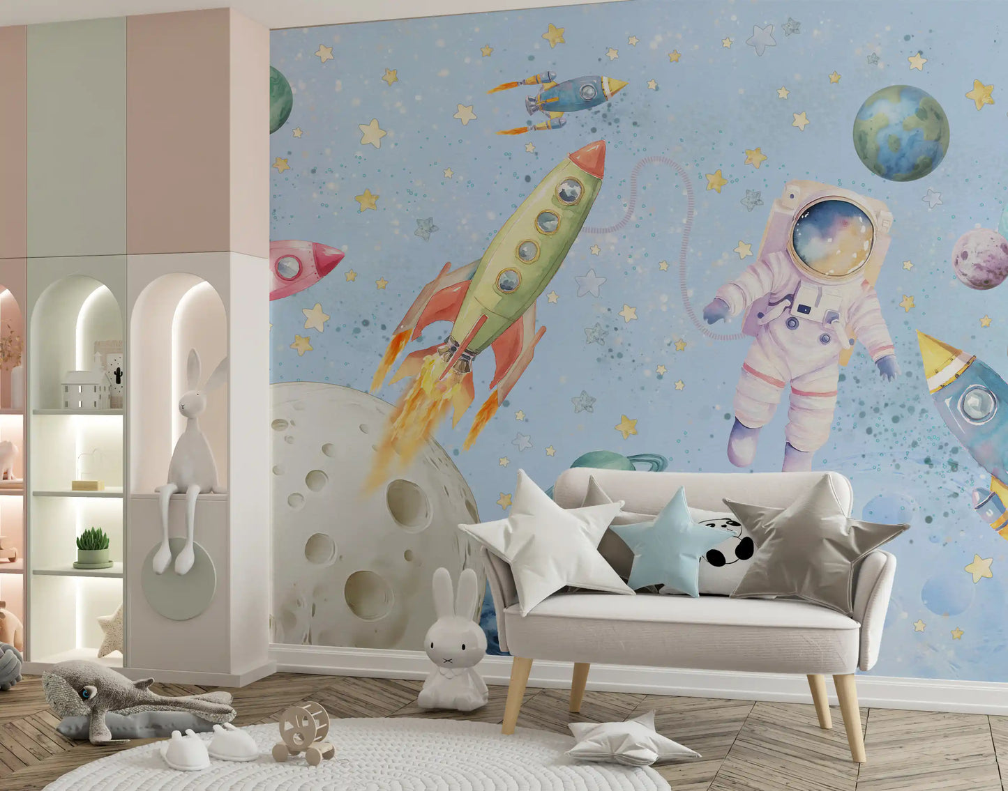 Light Blue Watercolor wall mural in a cozy Playroom 