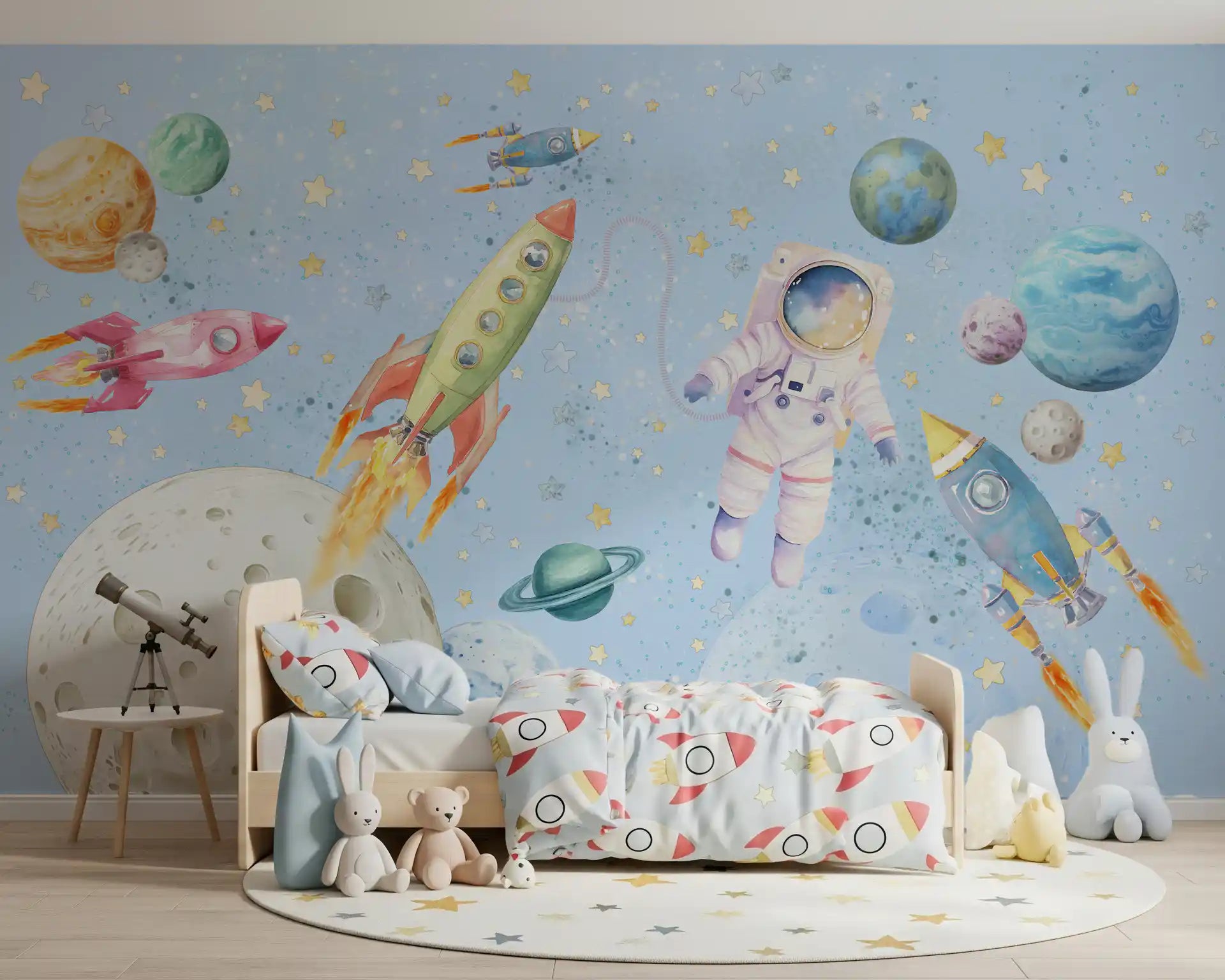 Space wall mural in a cheerful children’s bedroom