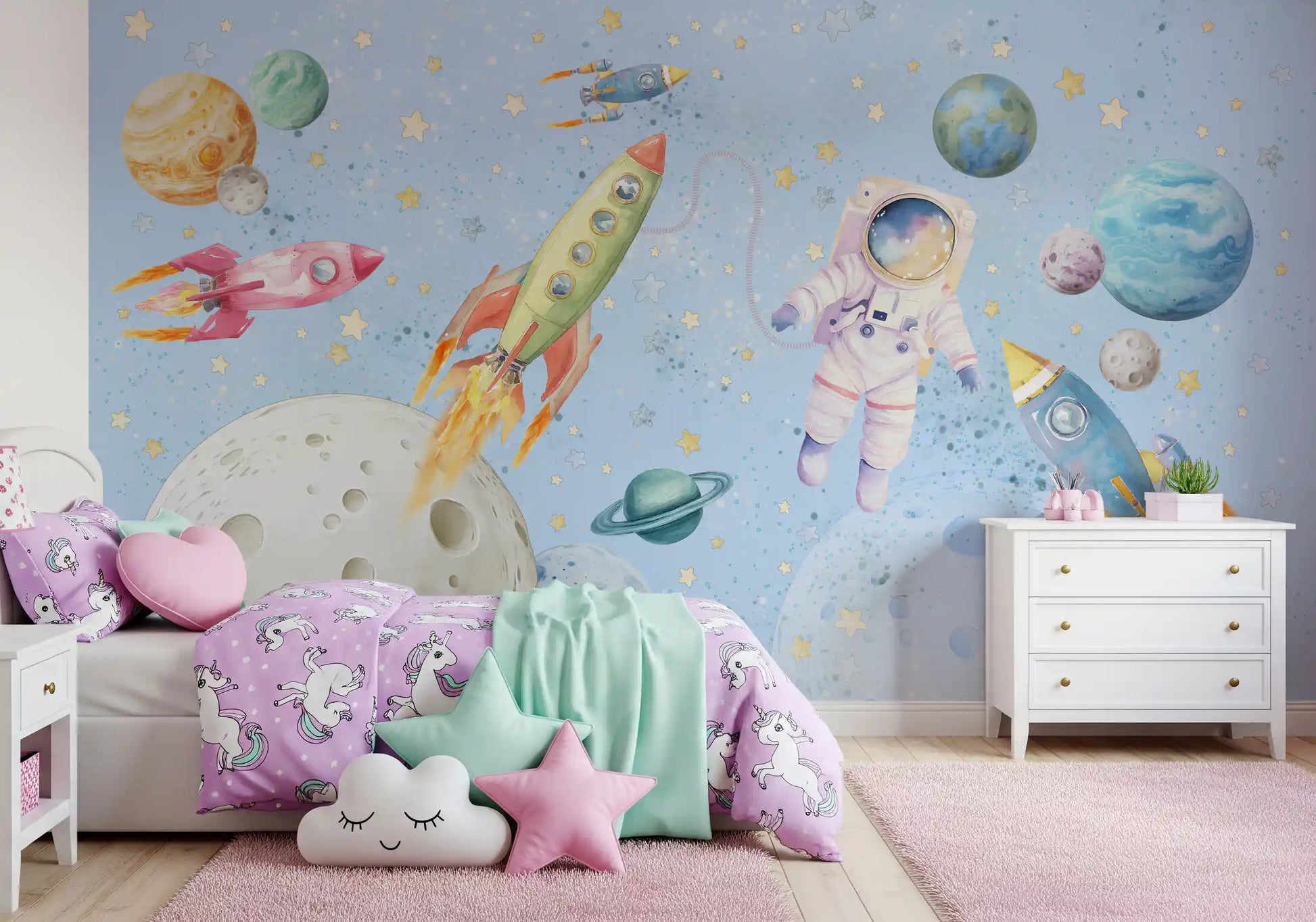 Space Adventure wall mural in a modern Kids bedroom 