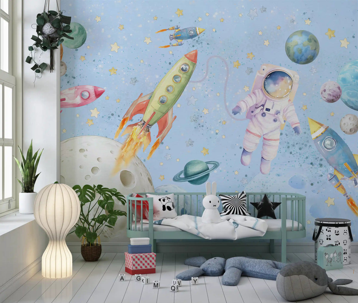 Light Blue Space wall mural in a cheerful nursery