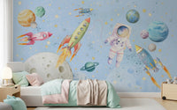 Light Blue Adventure wall mural in a pastel nursery
