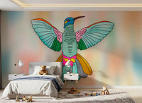 Hummingbird wall mural above a modern bed setting