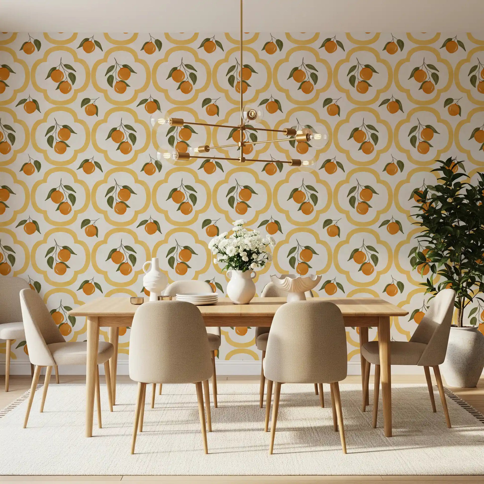 Orange themed wallpaper bringing freshness into a cozy Dining setting
