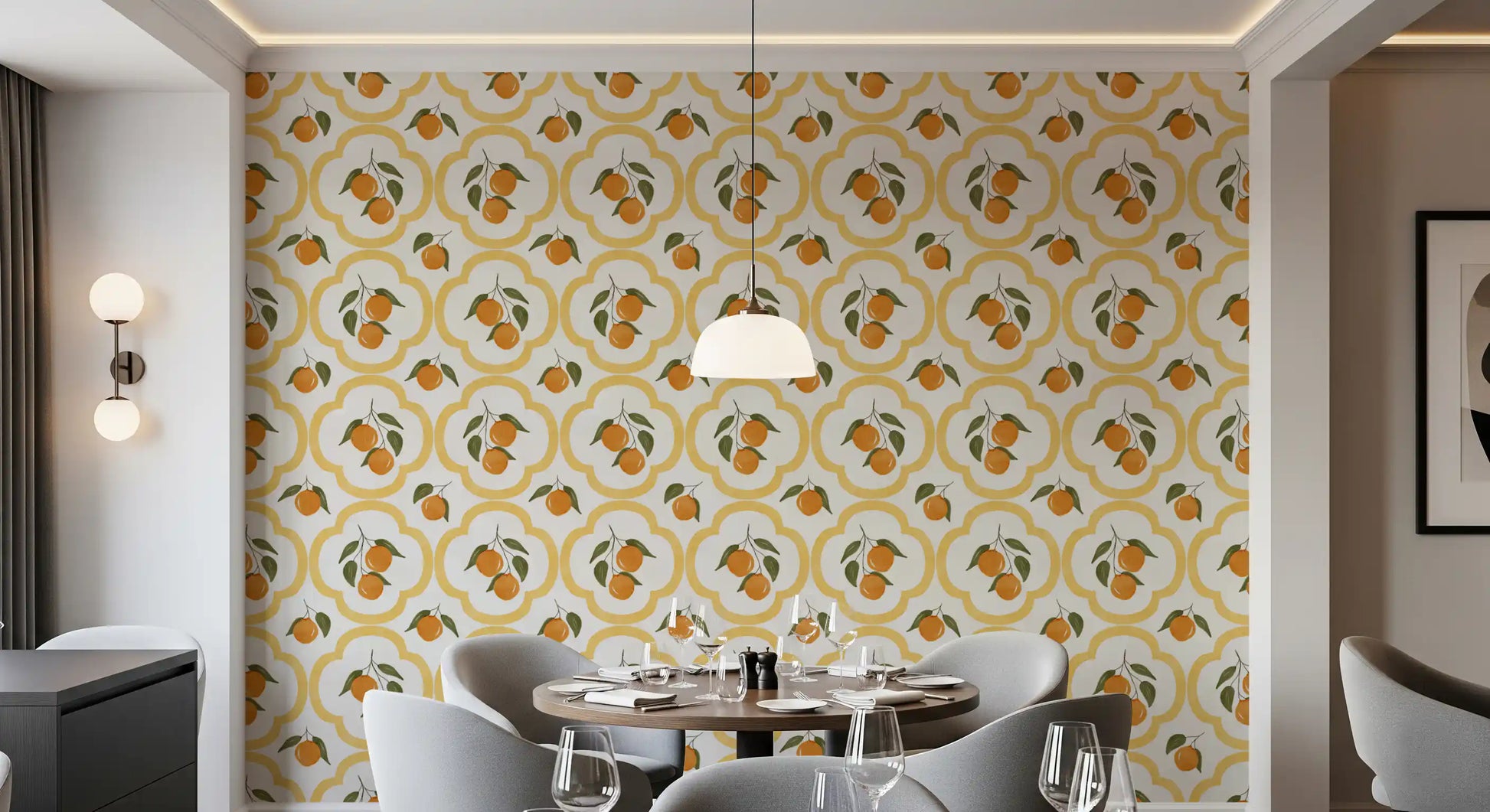 Orange patterned wallpaper enriching a compact Dining layout