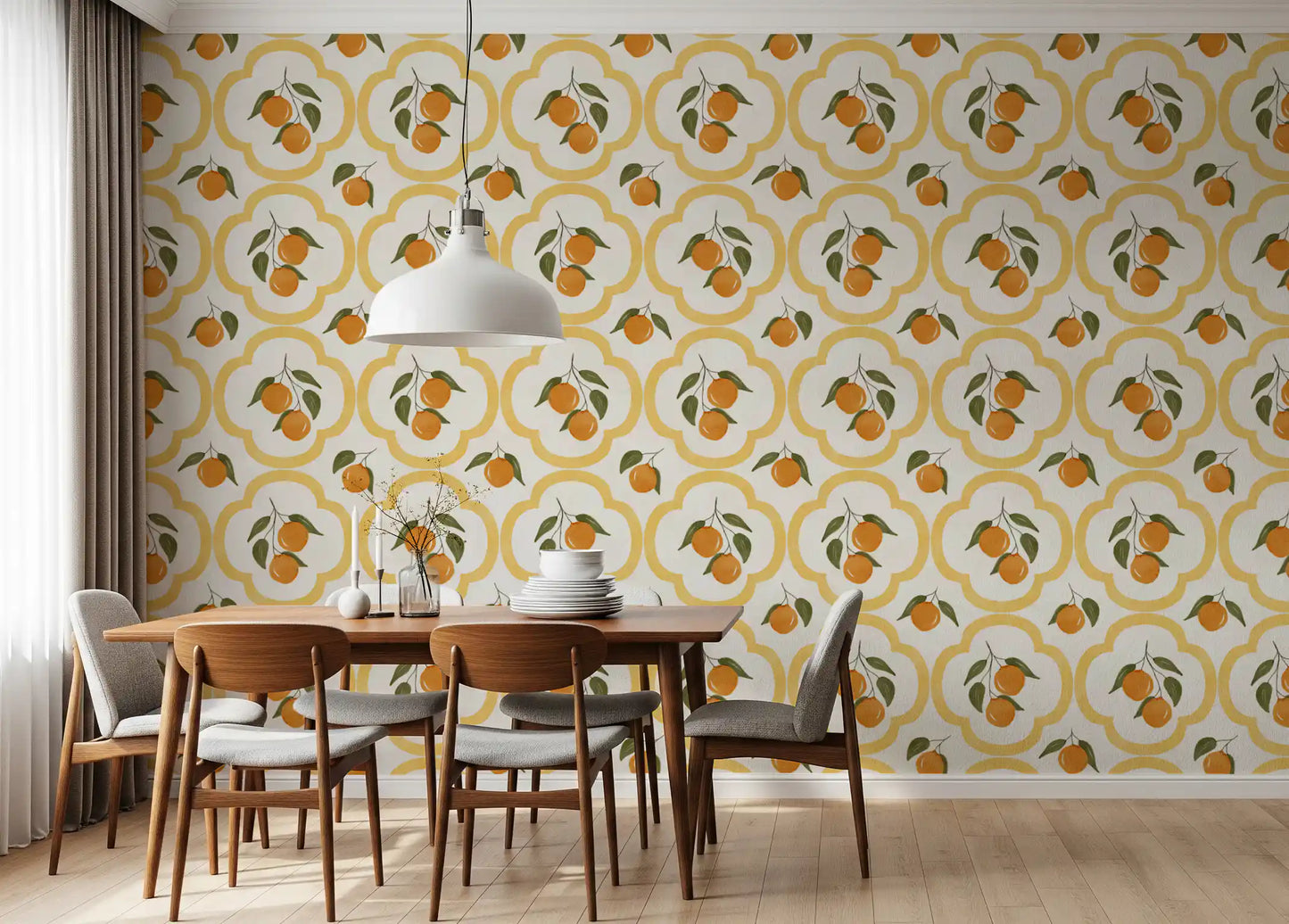Orange pattern wallpaper adding brightness to a modern Dining room interior