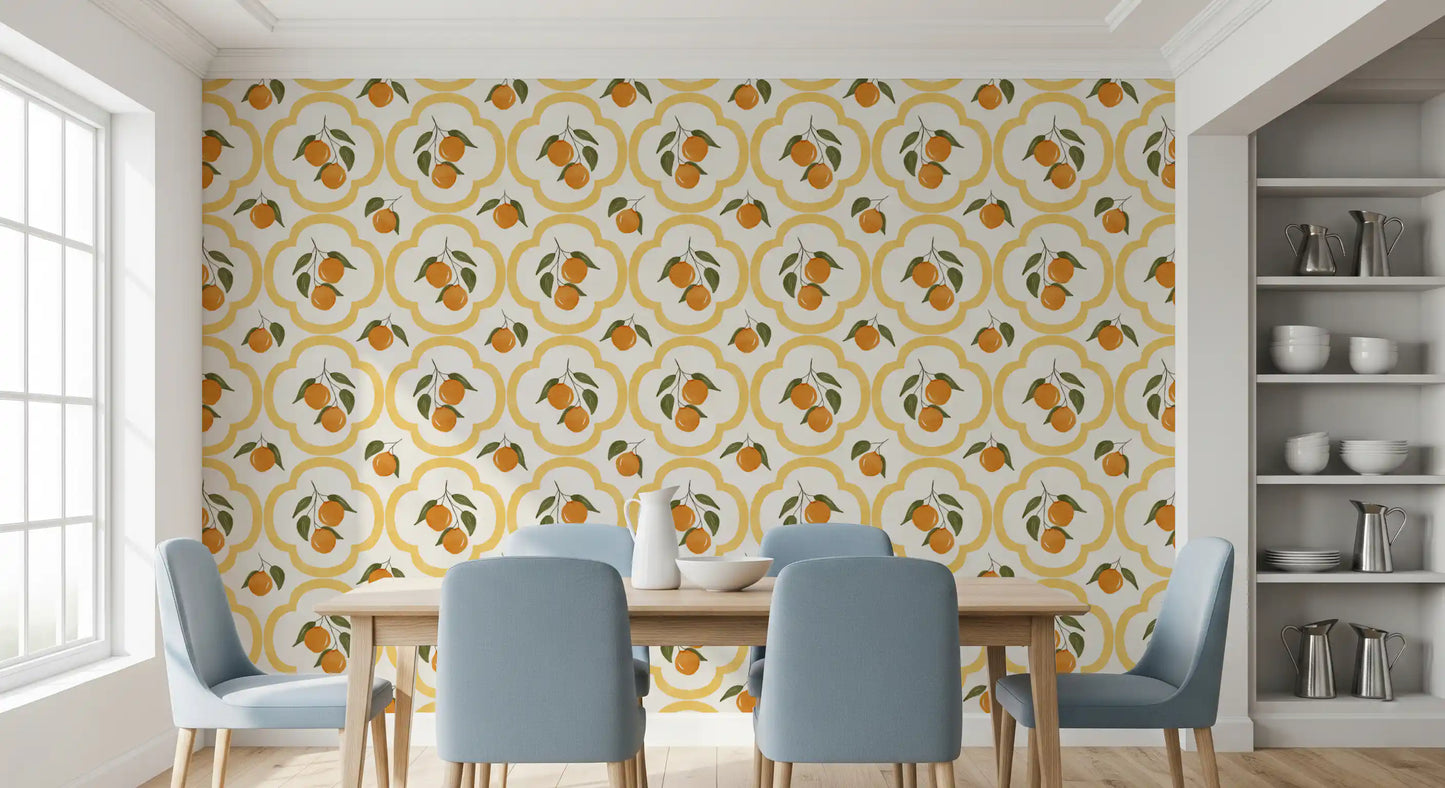 Orange motif wallpaper refining a Dining  setting