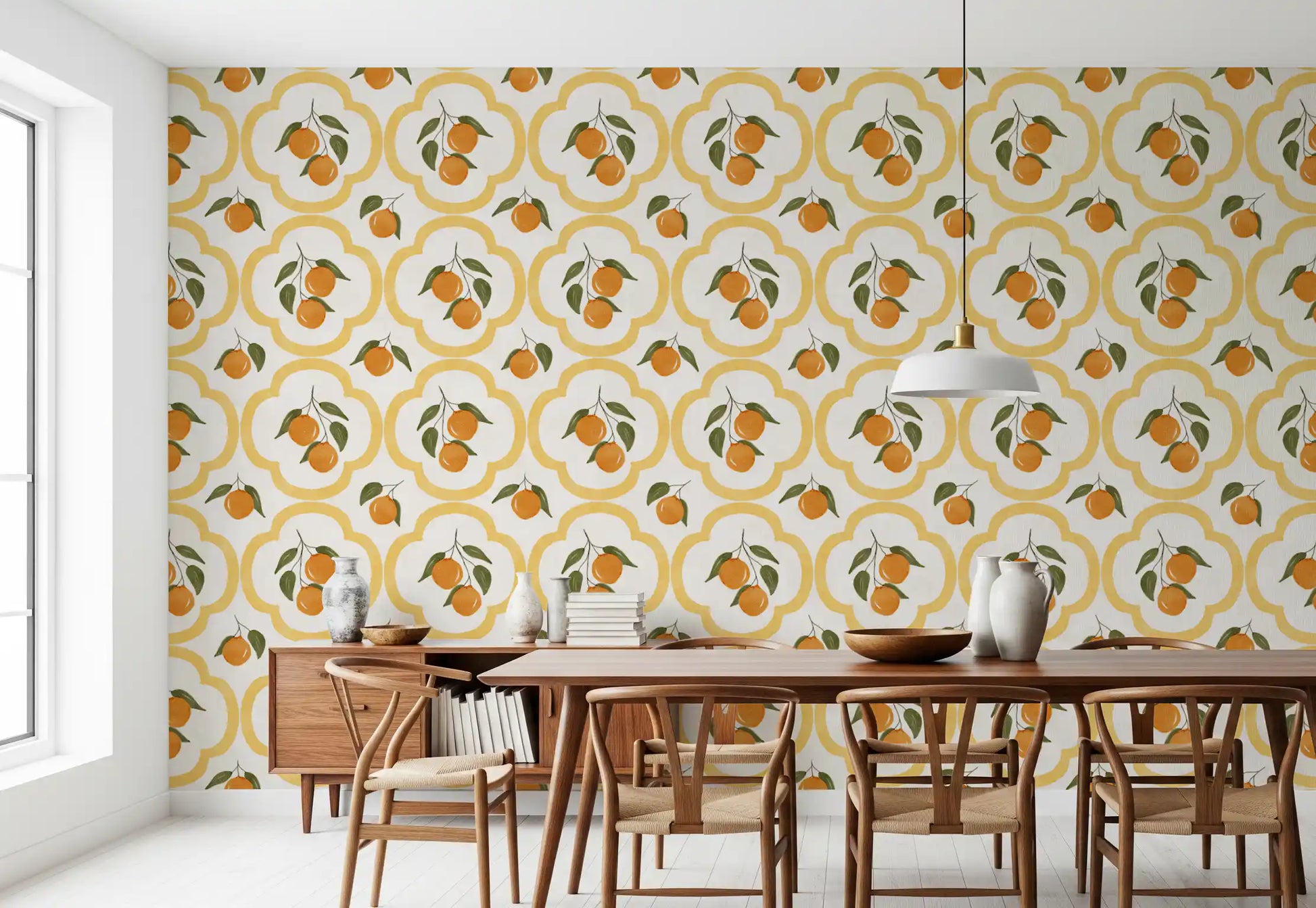 Yellow geometric citrus wallpaper enhancing a dining space atmosphere