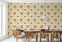 Yellow geometric citrus wallpaper enhancing a dining space atmosphere