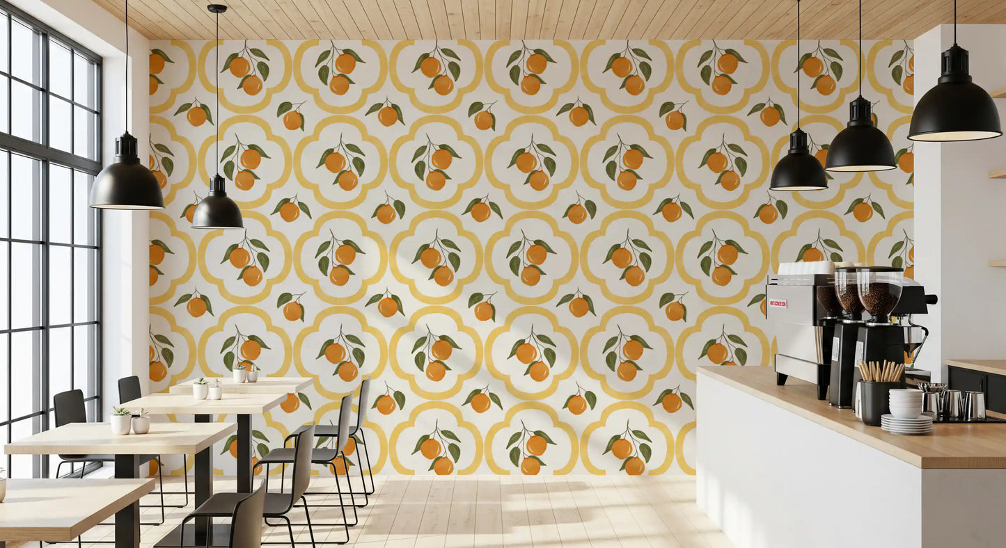 Citrus orange wallpaper defining a relaxed restaurants seating area