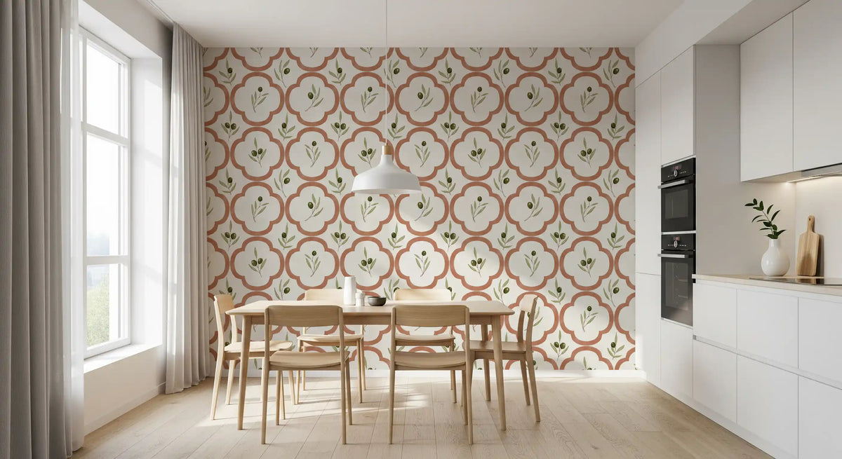 Botanical olive wallpaper complementing a clean kitchen backsplash Dining area