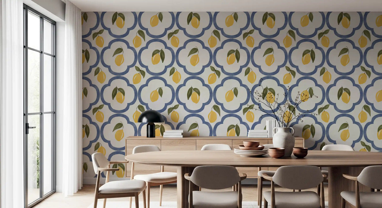 Lemon patterned wallpaper refining a creative workspace Dining room 