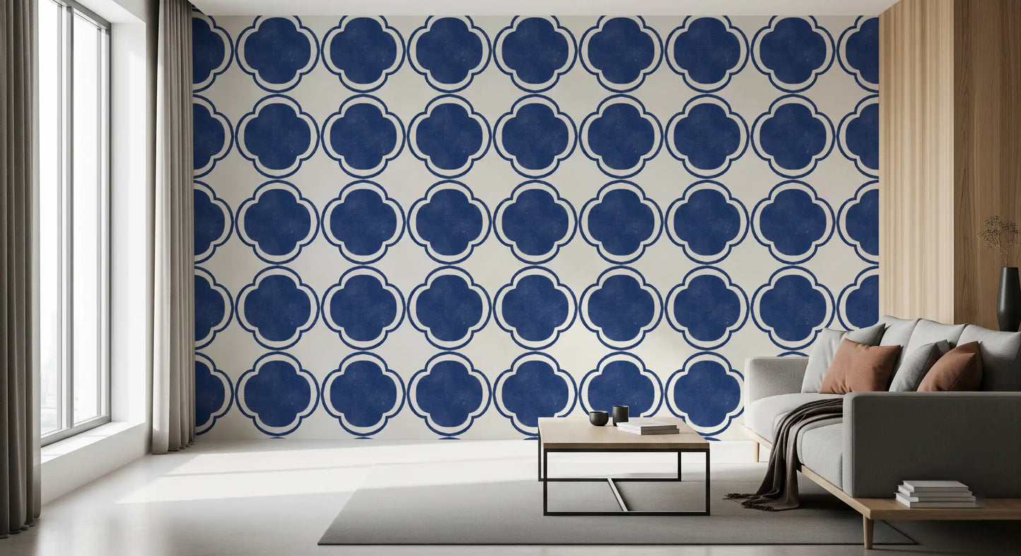 Blue Mediterranean quatrefoil wallpaper arranged in home office interior area