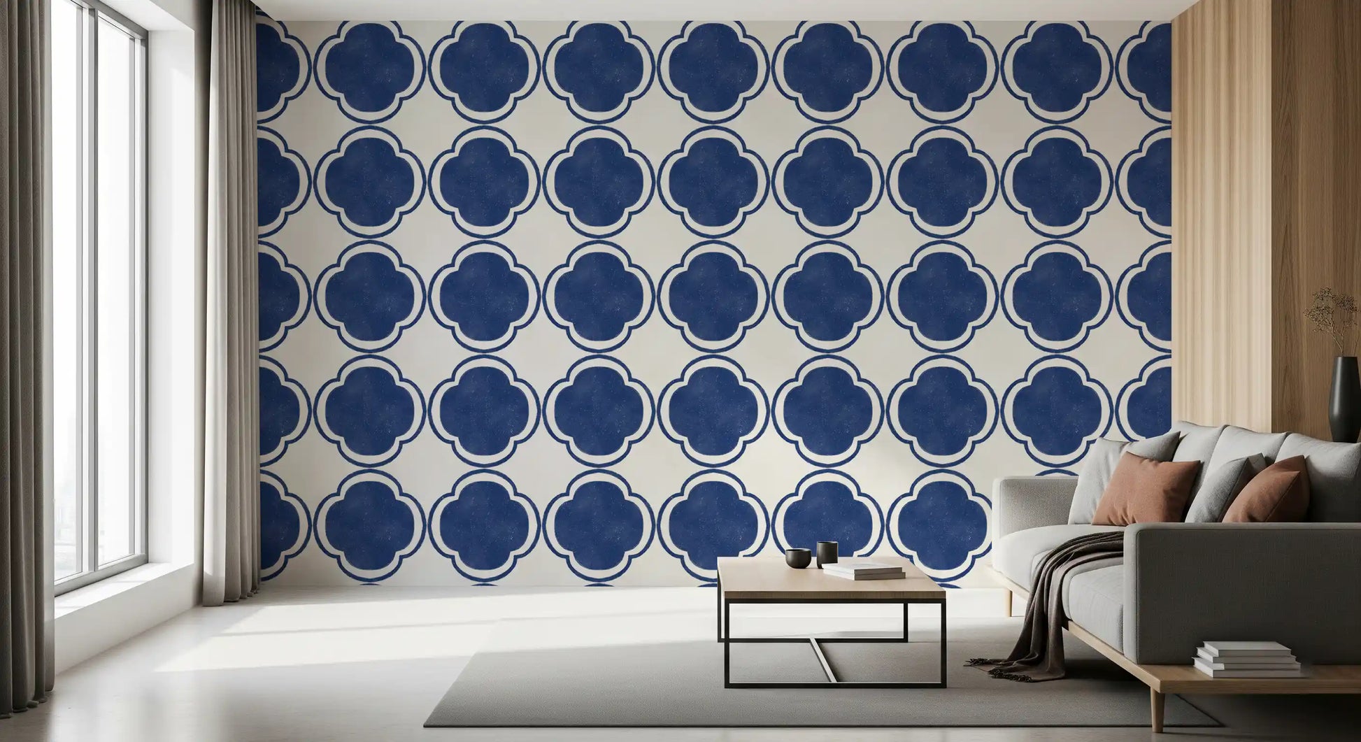 Blue Mediterranean quatrefoil wallpaper arranged in home office interior area