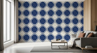 Blue Mediterranean quatrefoil wallpaper arranged in home office interior area
