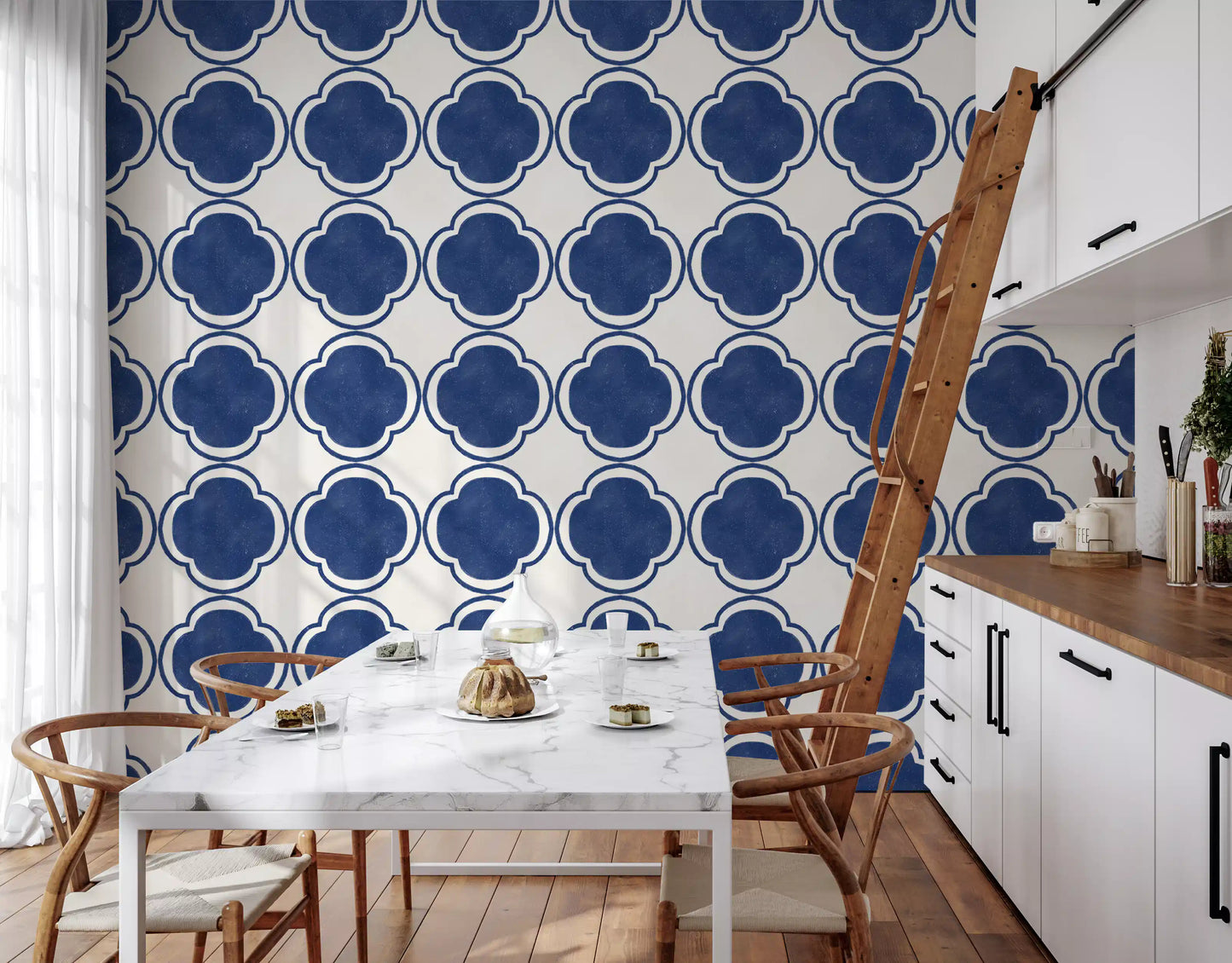 Mediterranean tile style blue wallpaper displayed in kitchen backsplash surface