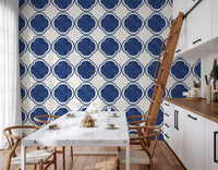Mediterranean tile style blue wallpaper displayed in kitchen backsplash surface